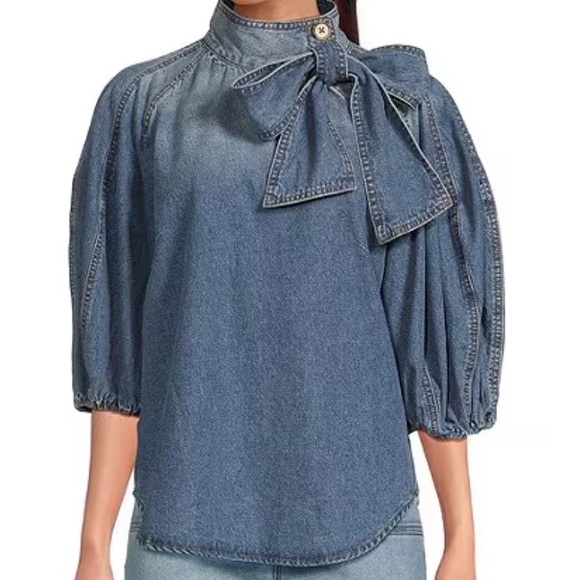 *NWT* A LOVES A 3/4 Puff Sleeve Pleat Button Shoulder Tie-Neck Denim Top — M - Picture 5 of 7